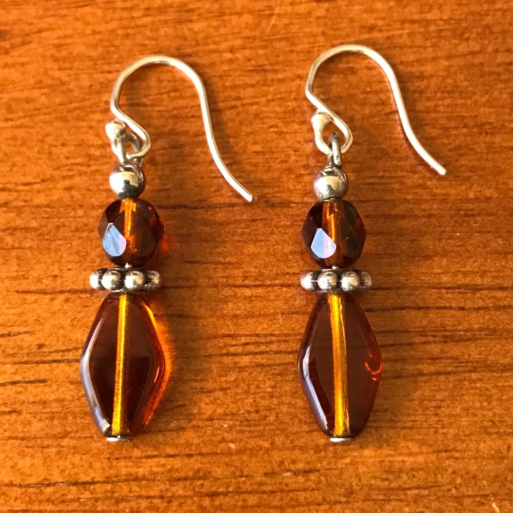 Handmade Dangly Sterling Silver Amber Earrings